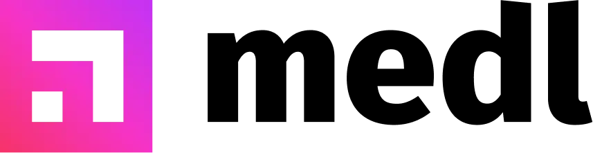 A logo with a pink and purple gradient square featuring a white abstract arrow, next to the bold black text medl on a light background.